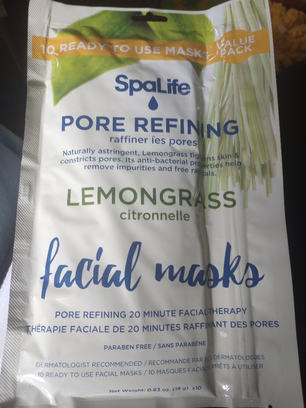 SpaLife facial masks 10ct lemongrass pore refining New!